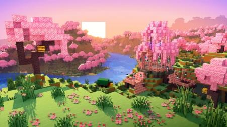 A video game graphics of a pink house and a river

Description automatically generated