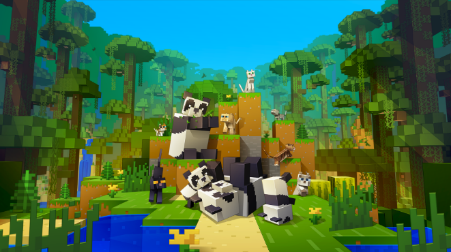 A video game screen with a video game pandas and trees

Description automatically generated